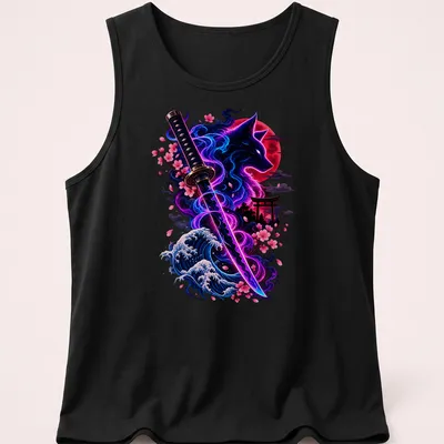 Vibrant fantasy print of a wolf with cherry blossoms and katana above 'Cyber Ronin Spirit' text — printed on a tank top
