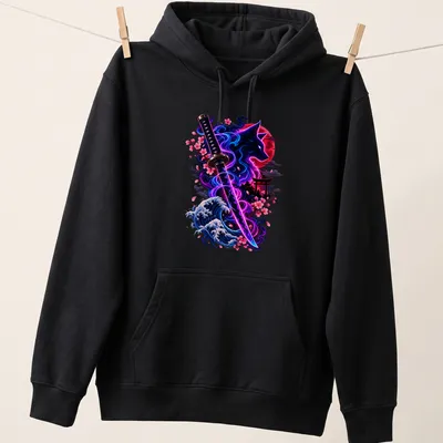 Vibrant fantasy print of a wolf with cherry blossoms and katana above 'Cyber Ronin Spirit' text — printed on a unisex hoodie