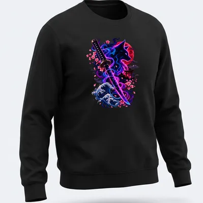 Vibrant fantasy print of a wolf with cherry blossoms and katana above 'Cyber Ronin Spirit' text — printed on a unisex sweatshirt