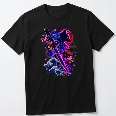 Vibrant fantasy print of a wolf with cherry blossoms and katana above 'Cyber Ronin Spirit' text