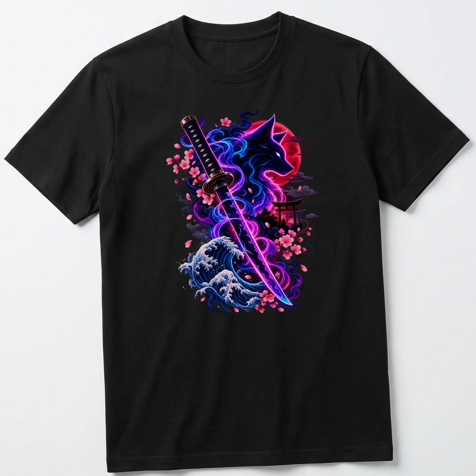 Vibrant fantasy print of a wolf with cherry blossoms and katana above 'Cyber Ronin Spirit' text — printed on a unisex t-shirt