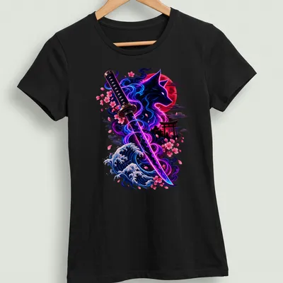 Vibrant fantasy print of a wolf with cherry blossoms and katana above 'Cyber Ronin Spirit' text — printed on a women's shirt
