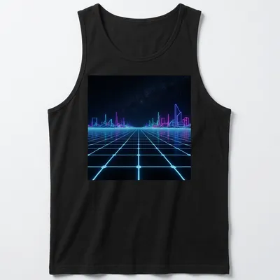 Neon grid cityscape in blue and pink against a black starry sky — printed on a tank top