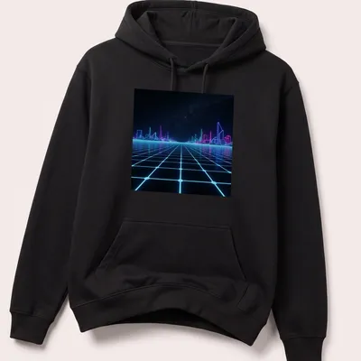 Neon grid cityscape in blue and pink against a black starry sky — printed on a unisex hoodie
