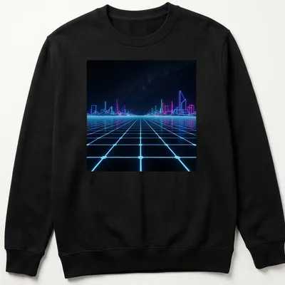 Neon grid cityscape in blue and pink against a black starry sky — printed on a unisex sweatshirt