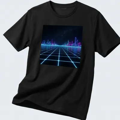 Neon grid cityscape in blue and pink against a black starry sky