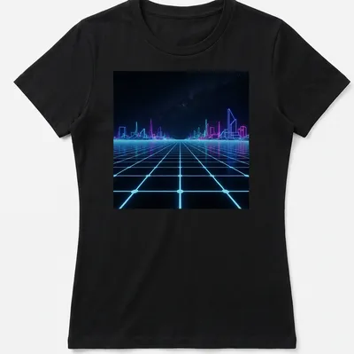Neon grid cityscape in blue and pink against a black starry sky — printed on a women's shirt