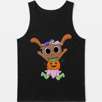 Kawaii cartoon character in a pumpkin costume with the text Dandy Bassie World Gamer — printed on a tank top