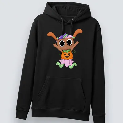 Kawaii cartoon character in a pumpkin costume with the text Dandy Bassie World Gamer — printed on a unisex hoodie