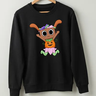 Kawaii cartoon character in a pumpkin costume with the text Dandy Bassie World Gamer — printed on a unisex sweatshirt