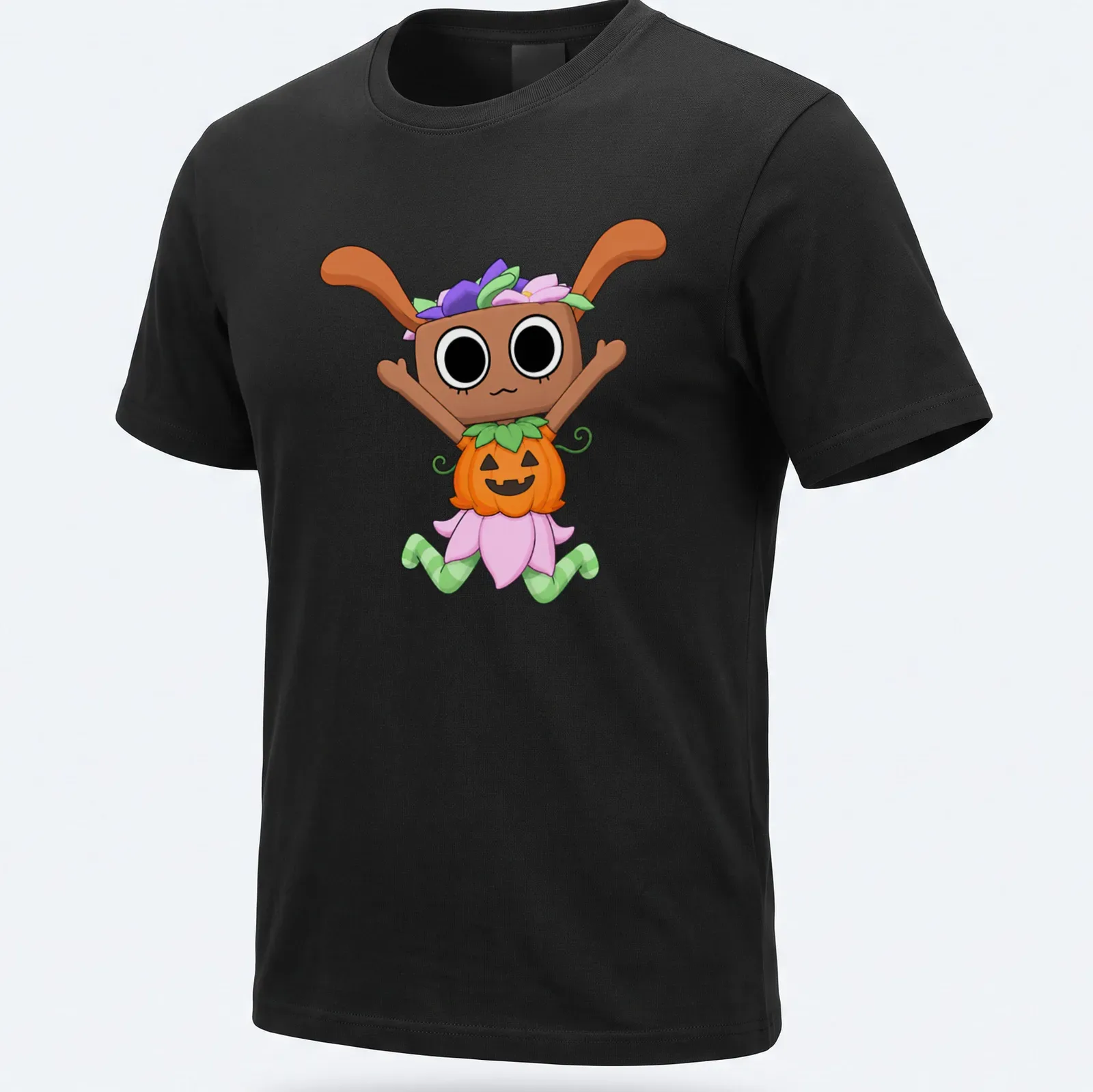 Kawaii cartoon character in a pumpkin costume with the text Dandy Bassie World Gamer — printed on a unisex t-shirt