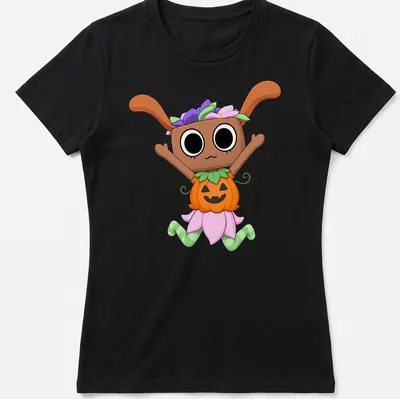 Kawaii cartoon character in a pumpkin costume with the text Dandy Bassie World Gamer — printed on a women's shirt