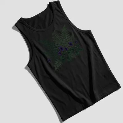 Moody botanical print featuring purple violets and ferns with elegant text. — printed on a tank top
