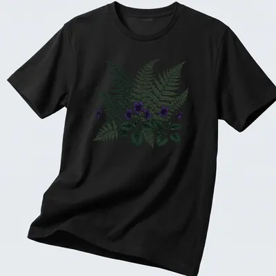 Moody botanical print featuring purple violets and ferns with elegant text.