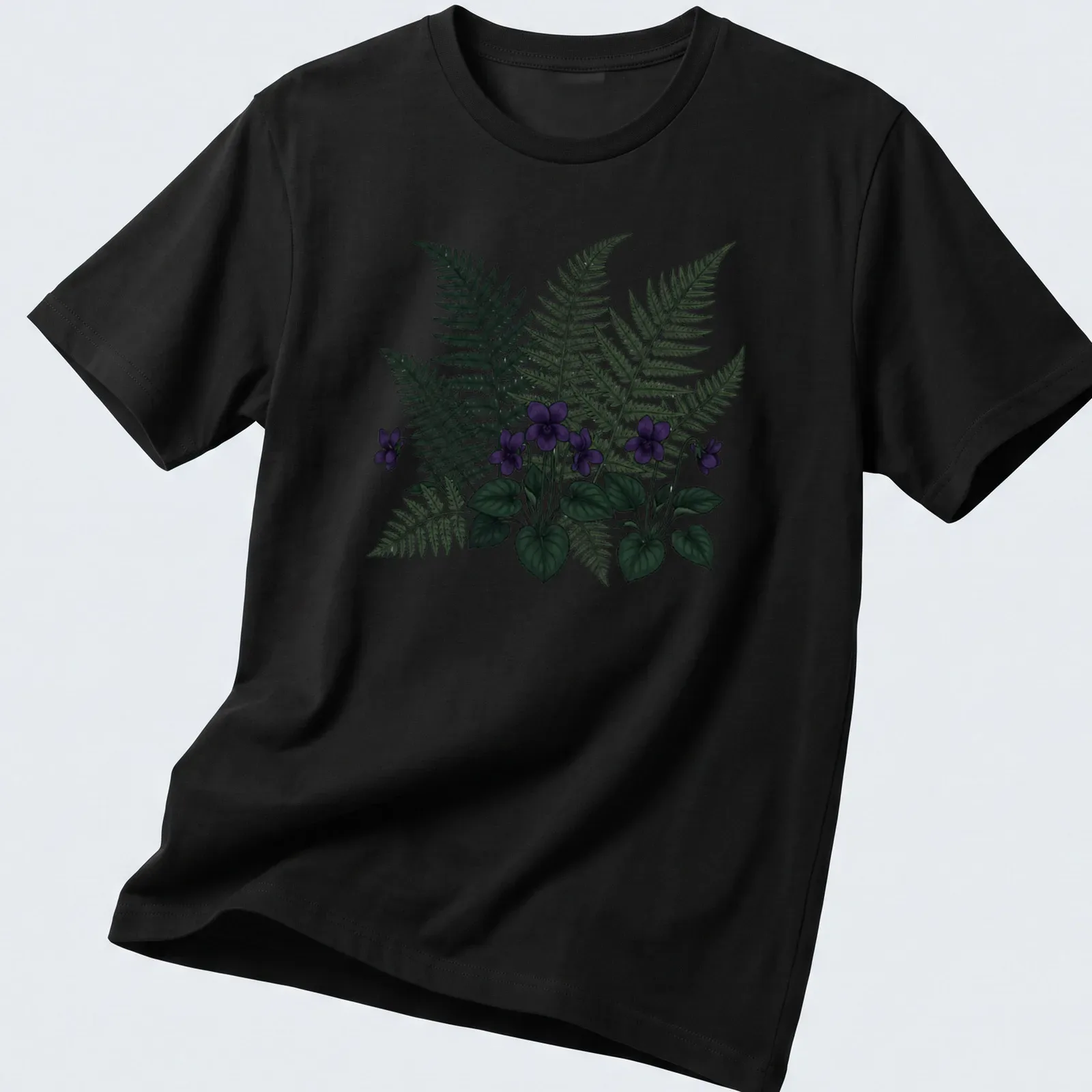 Moody botanical print featuring purple violets and ferns with elegant text. — printed on a unisex t-shirt