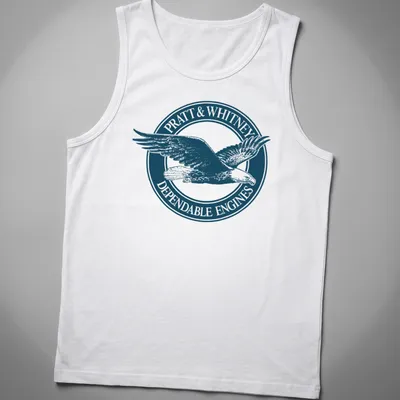Vintage emblem t-shirt featuring an eagle and Pratt & Whitney text in navy and white. — printed on a tank top