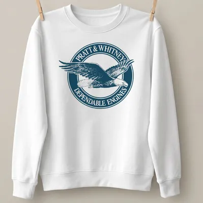 Vintage emblem t-shirt featuring an eagle and Pratt & Whitney text in navy and white. — printed on a unisex sweatshirt