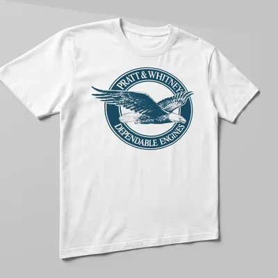 Vintage emblem t-shirt featuring an eagle and Pratt & Whitney text in navy and white. — printed on a unisex t-shirt (angled view)