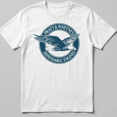 Vintage emblem t-shirt featuring an eagle and Pratt & Whitney text in navy and white. — printed on a unisex t-shirt