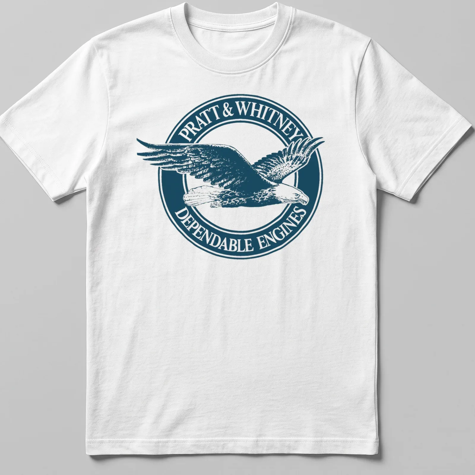 Vintage emblem t-shirt featuring an eagle and Pratt & Whitney text in navy and white. — printed on a unisex t-shirt