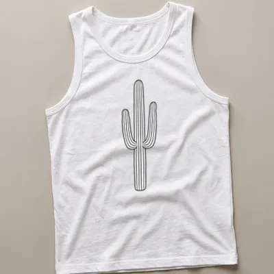 Minimal line art of a cactus with text Desert Cactus Y2K in black and white — printed on a tank top