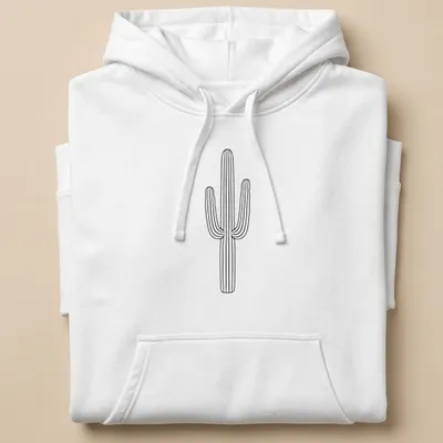 Minimal line art of a cactus with text Desert Cactus Y2K in black and white — printed on a unisex hoodie