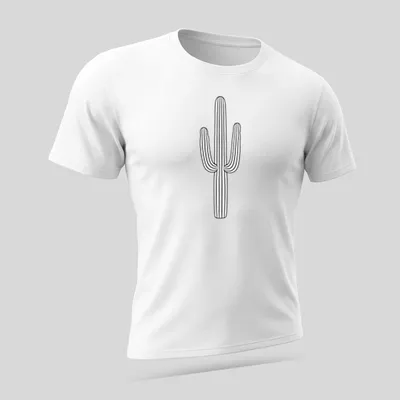 Minimal line art of a cactus with text Desert Cactus Y2K in black and white — printed on a unisex t-shirt (angled view)