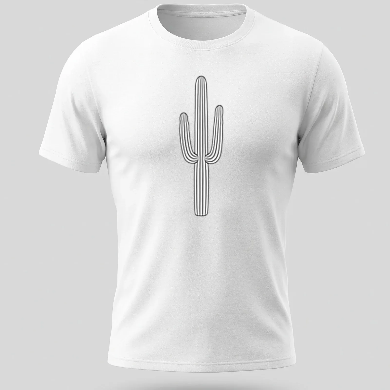 Minimal line art of a cactus with text Desert Cactus Y2K in black and white — printed on a unisex t-shirt
