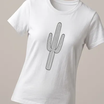 Minimal line art of a cactus with text Desert Cactus Y2K in black and white — printed on a women's shirt