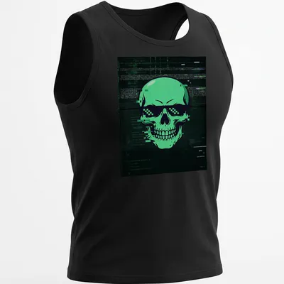 Glitch art skull design in green, black, and white on a t-shirt. — printed on a tank top