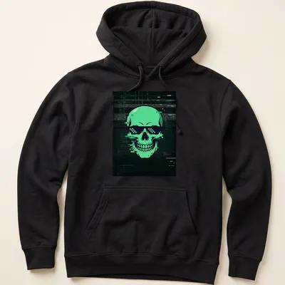 Glitch art skull design in green, black, and white on a t-shirt. — printed on a unisex hoodie