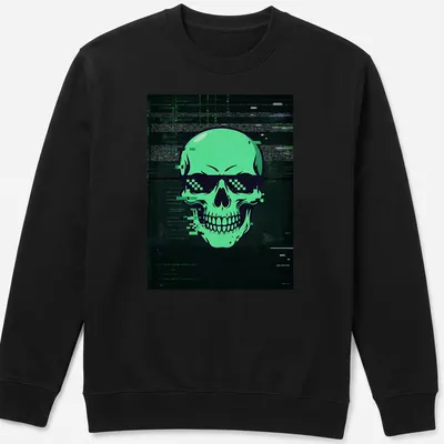 Glitch art skull design in green, black, and white on a t-shirt. — printed on a unisex sweatshirt