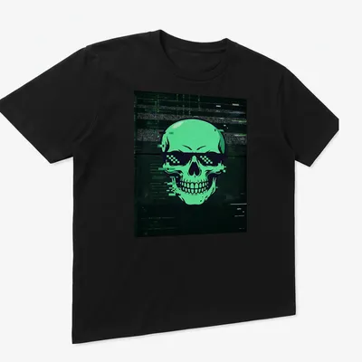 Glitch art skull design in green, black, and white on a t-shirt. — printed on a unisex t-shirt (angled view)
