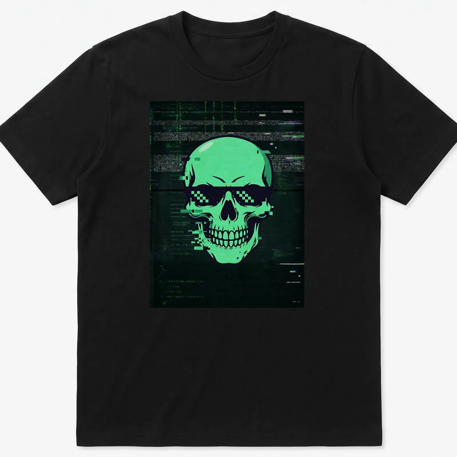 Glitch art skull design in green, black, and white on a t-shirt. — printed on a unisex t-shirt