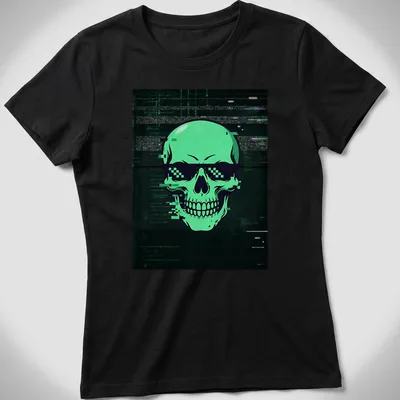 Glitch art skull design in green, black, and white on a t-shirt. — printed on a women's shirt