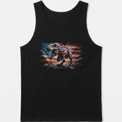 Distressed T-Rex graphic with American flag elements, celebrating July 4th — printed on a tank top
