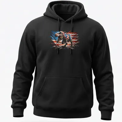 Distressed T-Rex graphic with American flag elements, celebrating July 4th — printed on a unisex hoodie