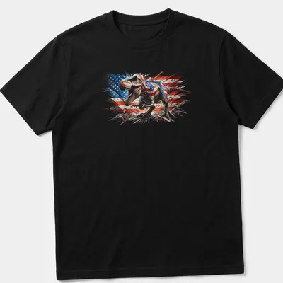 Distressed T-Rex graphic with American flag elements, celebrating July 4th