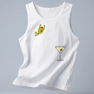 Cartoon olive with a smile and the text 'Dirty Martini Dive' in colorful design — printed on a tank top