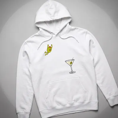Cartoon olive with a smile and the text 'Dirty Martini Dive' in colorful design — printed on a unisex hoodie