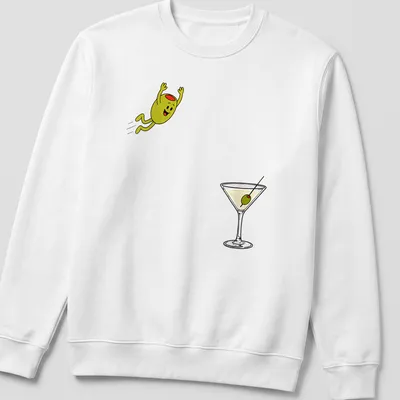 Cartoon olive with a smile and the text 'Dirty Martini Dive' in colorful design — printed on a unisex sweatshirt