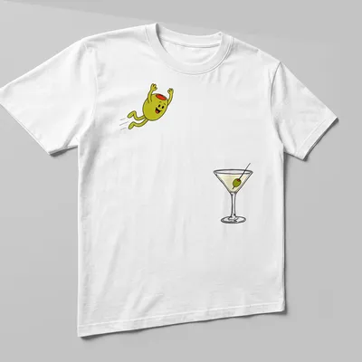 Cartoon olive with a smile and the text 'Dirty Martini Dive' in colorful design — printed on a unisex t-shirt (angled view)