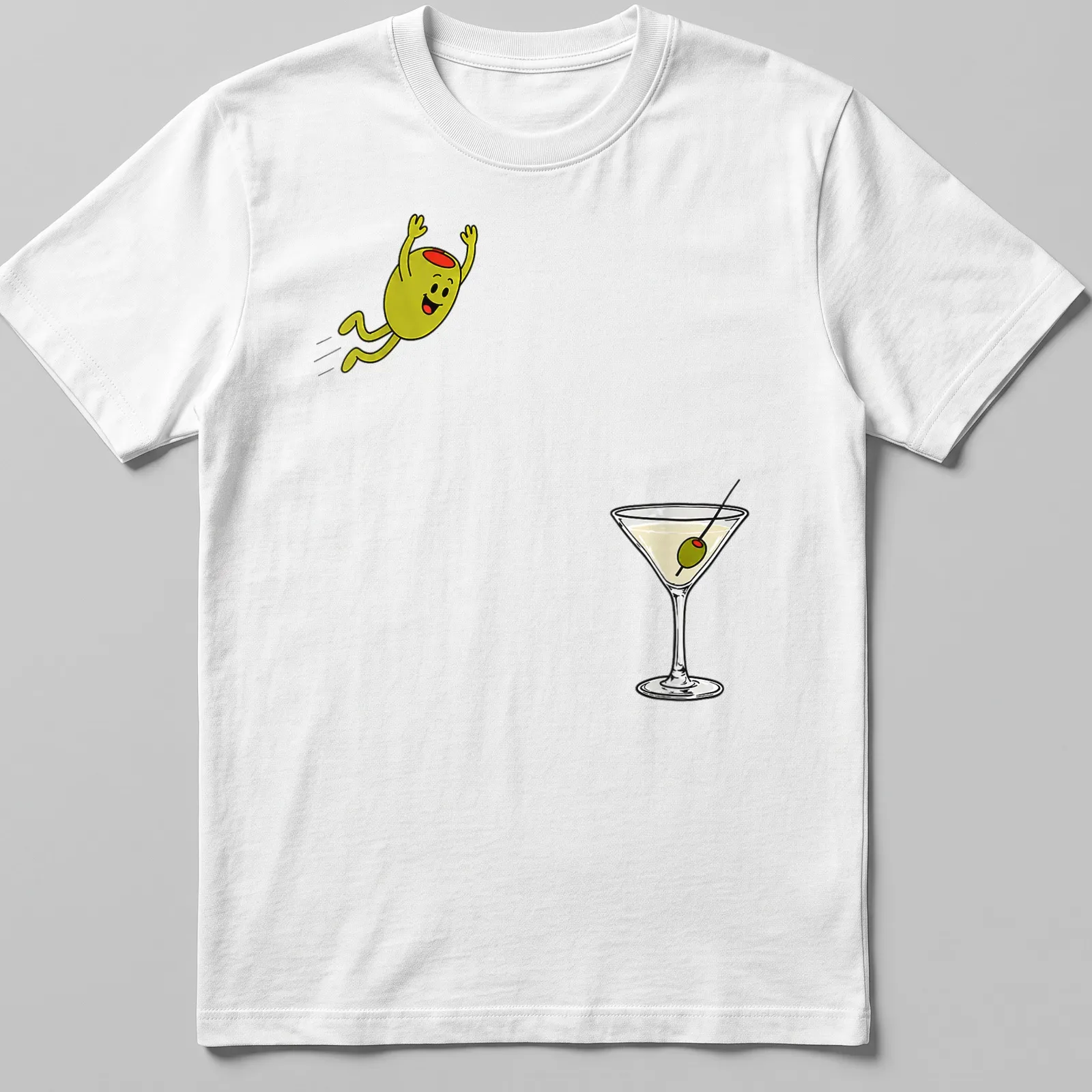 Cartoon olive with a smile and the text 'Dirty Martini Dive' in colorful design — printed on a unisex t-shirt