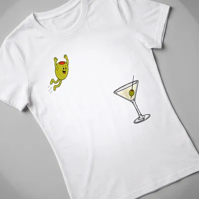 Cartoon olive with a smile and the text 'Dirty Martini Dive' in colorful design — printed on a women's shirt
