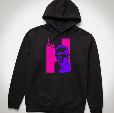 Synthwave style Dissident portrait t-shirt with bold colors — printed on a unisex hoodie