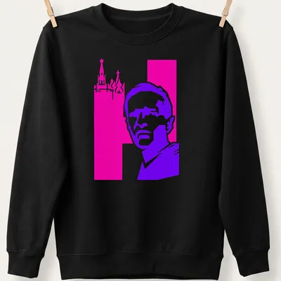 Synthwave style Dissident portrait t-shirt with bold colors — printed on a unisex sweatshirt