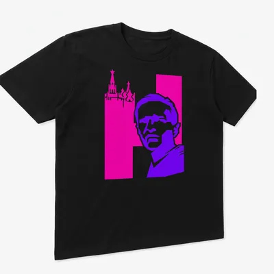 Synthwave style Dissident portrait t-shirt with bold colors — printed on a unisex t-shirt (angled view)