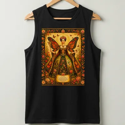 Colorful illustration of Butterfly Queen Frida with butterfly wings and inspirational text. — printed on a tank top
