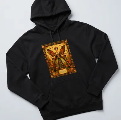 Colorful illustration of Butterfly Queen Frida with butterfly wings and inspirational text. — printed on a unisex hoodie