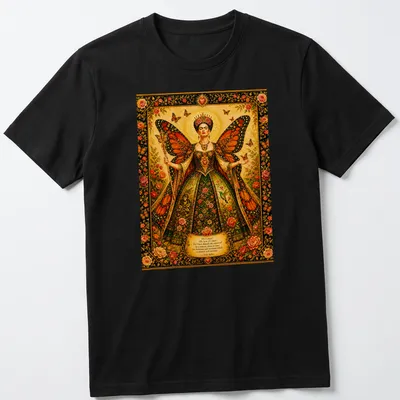 Colorful illustration of Butterfly Queen Frida with butterfly wings and inspirational text. — printed on a unisex t-shirt